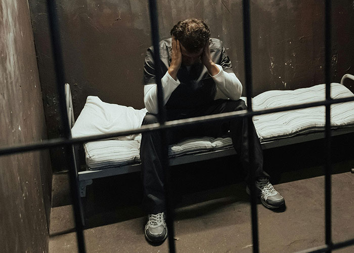 Man sitting in prison cell holding head in hands looking distressed
