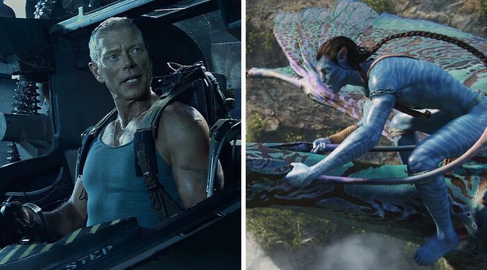 A split image for a popular fiction and movies would you rather poll. Left: Stephen Lang as Colonel Quaritch. Right: A Na'vi riding a Banshee in Avatar.
