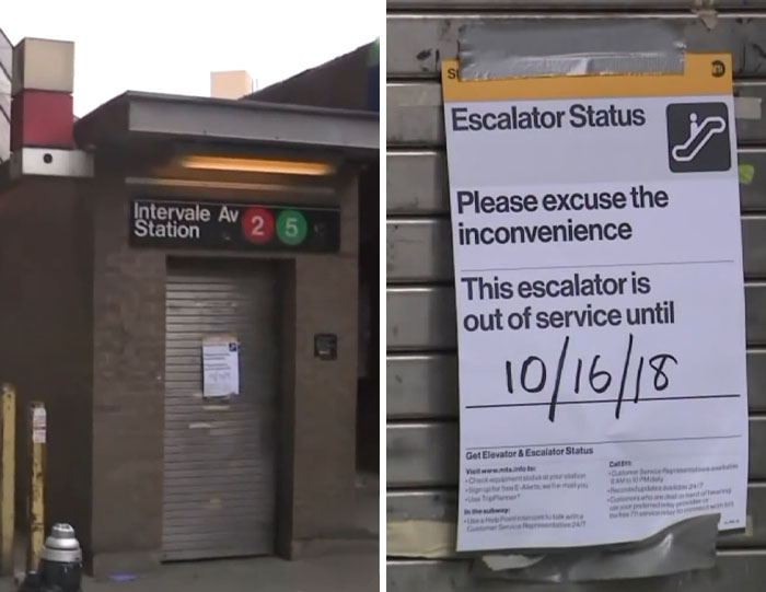 A split image of a subway station entrance and an out-of-service escalator sign, depicting bizarre accidents.