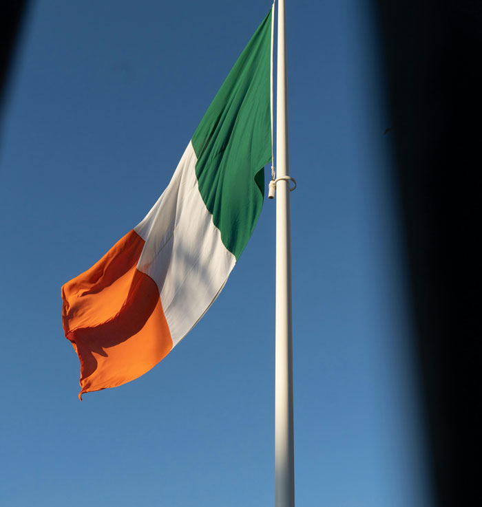 The Irish flag waving against a clear blue sky, hinting at ancestry revealed through DNA testing.