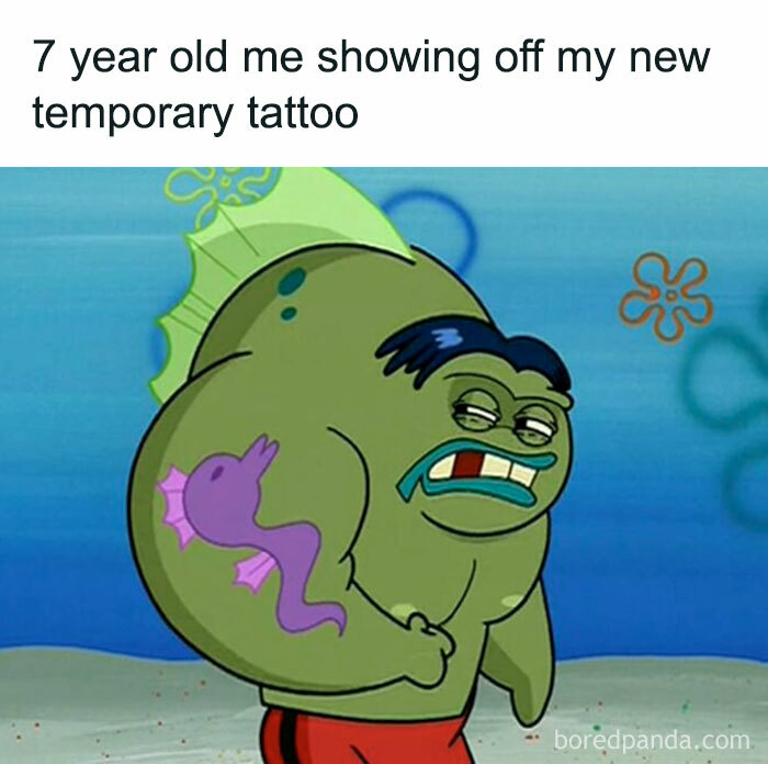 Hilarious tattoo meme: A cartoon fish flexing a temporary tattoo, captioned as a 7-year-old showing off their new temporary tattoo.