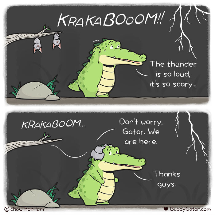 Wholesome comics: an alligator and his friends comfort each other during a loud thunderstorm by this artist.
