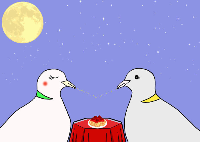 Two adorable cartoon doves on a romantic spaghetti date under a full moon and starry night sky.