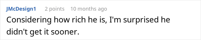 A Reddit user comment expressing surprise that John Cena waited so long for his hair transplant, considering his wealth.