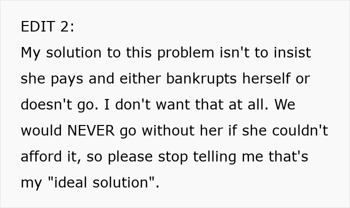 Text explaining the 28YO's solution for her sister's trip, ensuring her frugal life isn't disrespected. Text explaining the 28YO's solution for her sister's trip, ensuring her frugal life isn't disrespected.