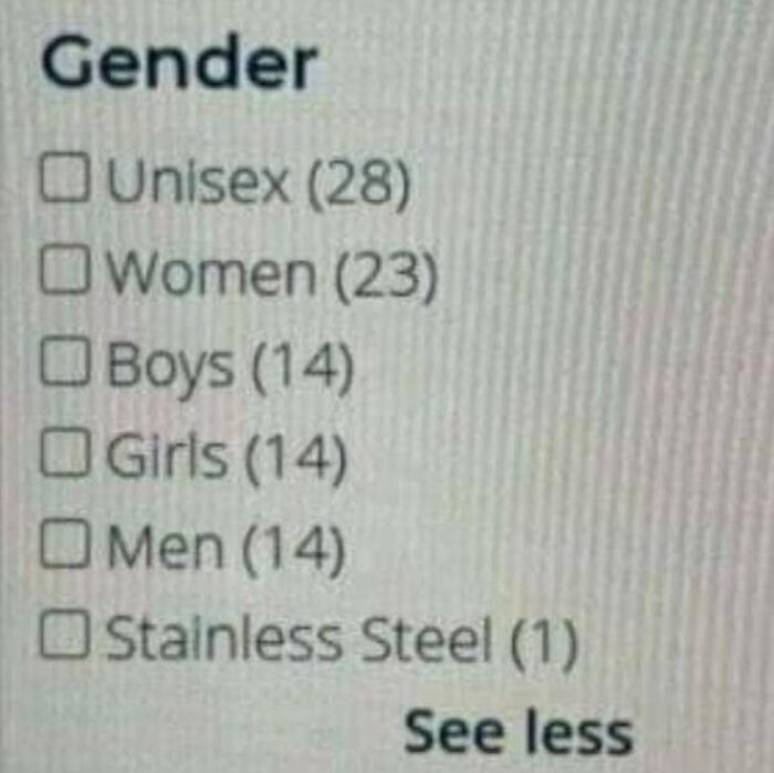A blursed meme showing a gender selection list including Unisex, Women, Boys, Girls, Men, and Stainless Steel.