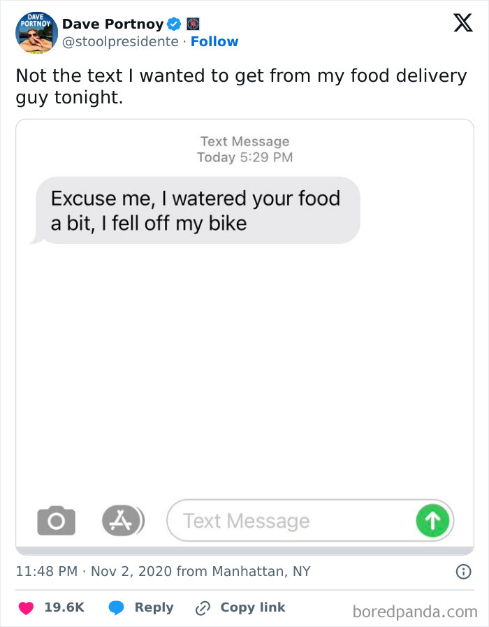 A screenshot of a text message from a food delivery guy saying, Excuse me, I watered your food a bit, I fell off my bike, a clear delivery fail.