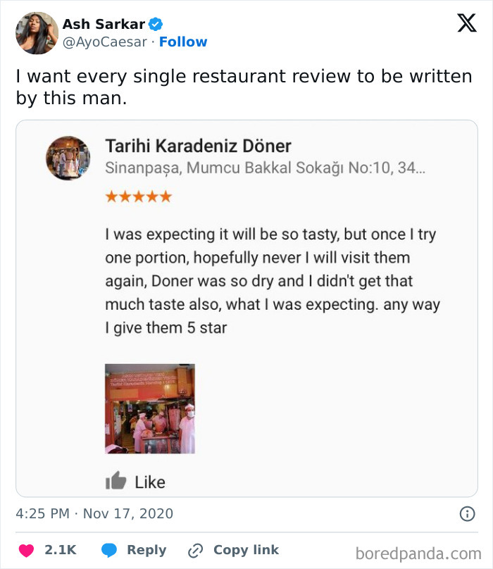 Funny online reviews: A restaurant review giving 5 stars despite a negative experience at Tarihi Karadeniz Döner.