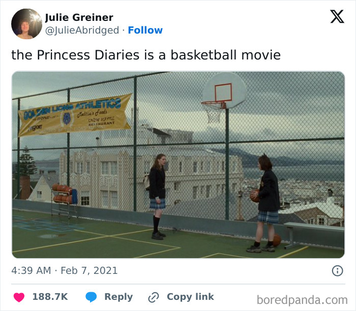 A hilarious cinephile tweet claiming The Princess Diaries is a basketball movie, with a still from the movie.