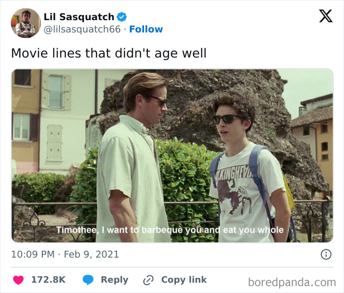 A funny cinephile tweet about movie lines that didn't age well, featuring a screenshot from a film.