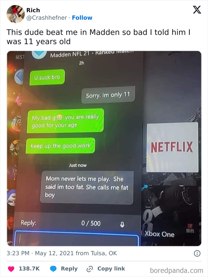 Humorous Madden NFL 21 chat where a player claims to be 11 years old