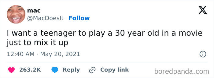 A hilarious cinephile tweet suggesting a movie featuring a teenager playing a 30-year-old.