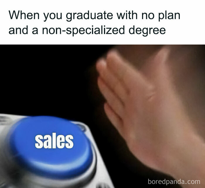 Hand pressing a sales button representing no plan after graduation with a non-specialized degree