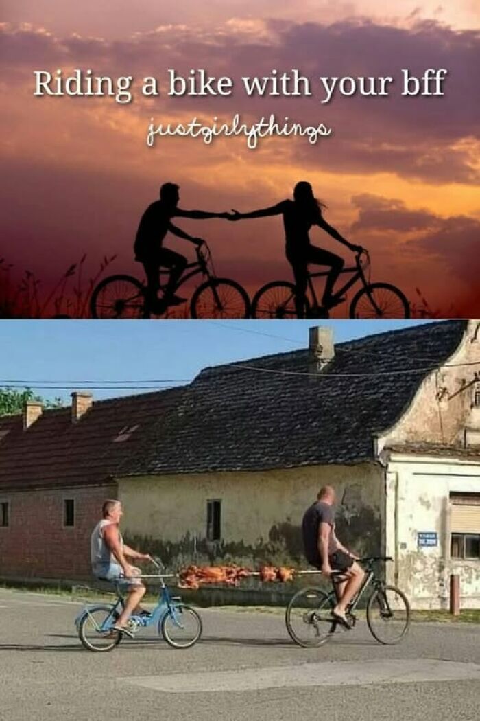 Two men on bicycles, one grilling food and the other carrying a keg, showcasing Slavic Science ingenuity.