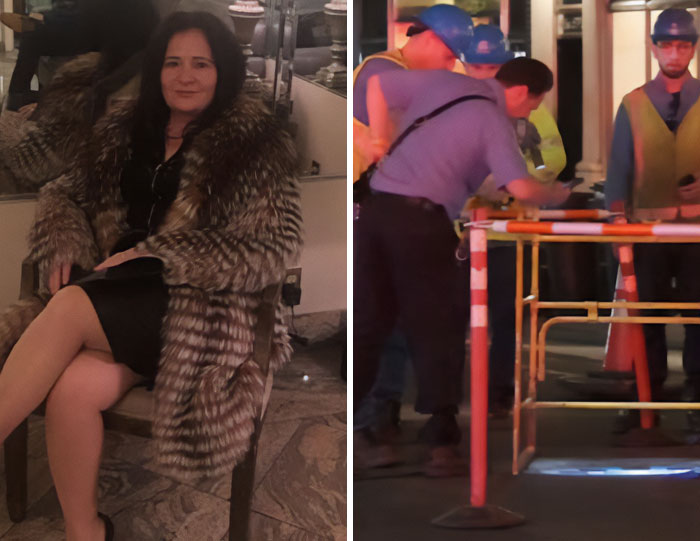 A split image of a woman in a fur coat and construction workers at an accident scene, highlighting bizarre accidents.
