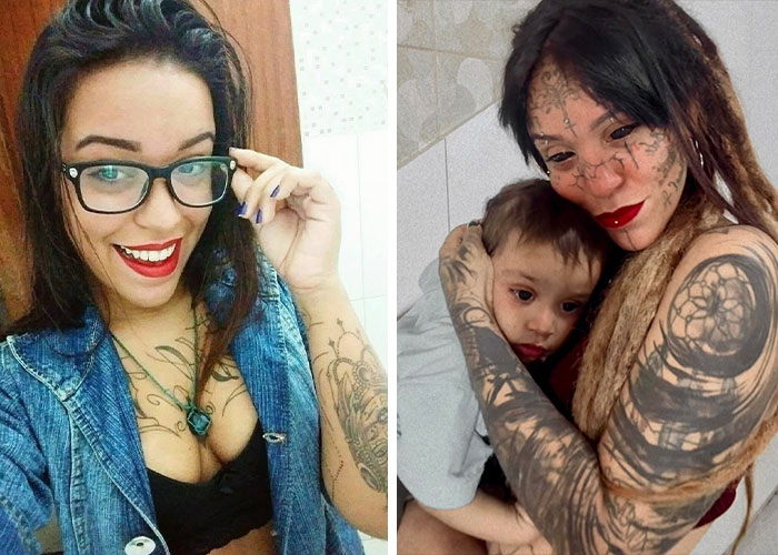 Before and after photo of woman who tattooed her eyes, smiling with glasses and later holding a child.
