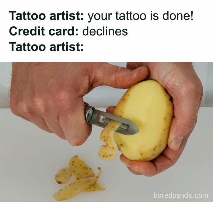 A hilarious tattoo meme of a potato peeler peeling a potato, representing a tattoo artist removing a tattoo.