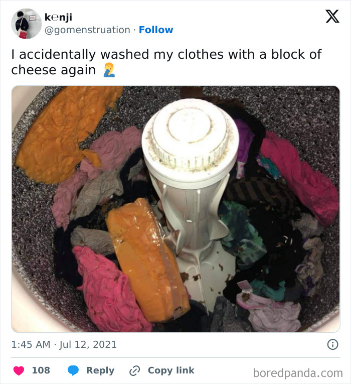 A washing machine filled with clothes and a large block of melted cheese, a ridiculous laundry fail.