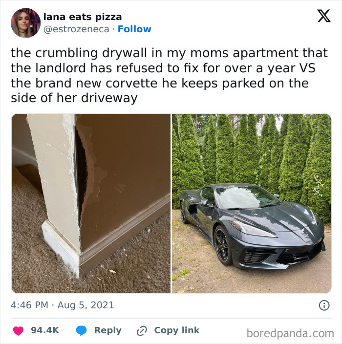 A split image shows crumbling drywall next to a new corvette, depicting a horrible landlord's negligence vs. luxury.