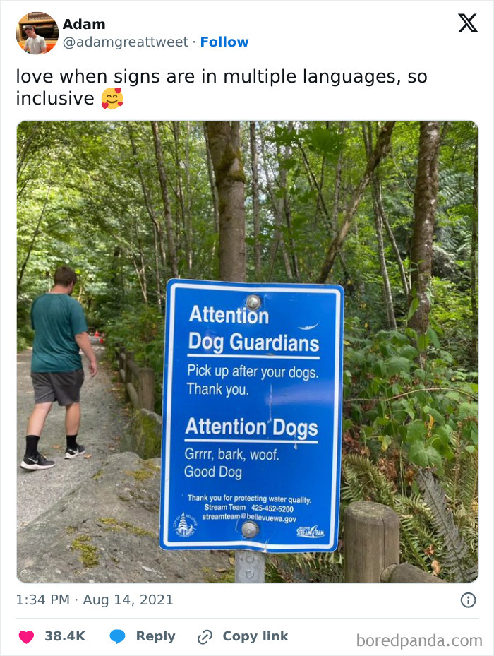 A blue sign with funny signs for dog guardians and dogs, urging pickup after pets, in a green park setting.