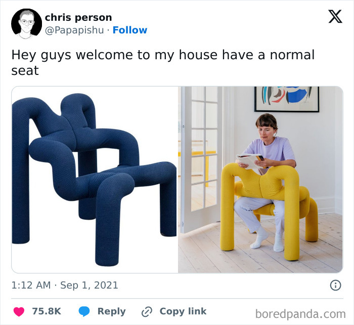 Unique modern chair with tubular design in blue and yellow showcasing creative furniture design