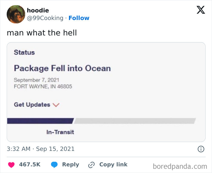 A social media post with a package tracking update showing status: Package Fell into Ocean, a funny delivery fail.