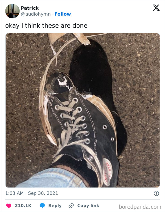 Person wearing torn Converse shoe revealing sole, funny or cringe fail shoe damage