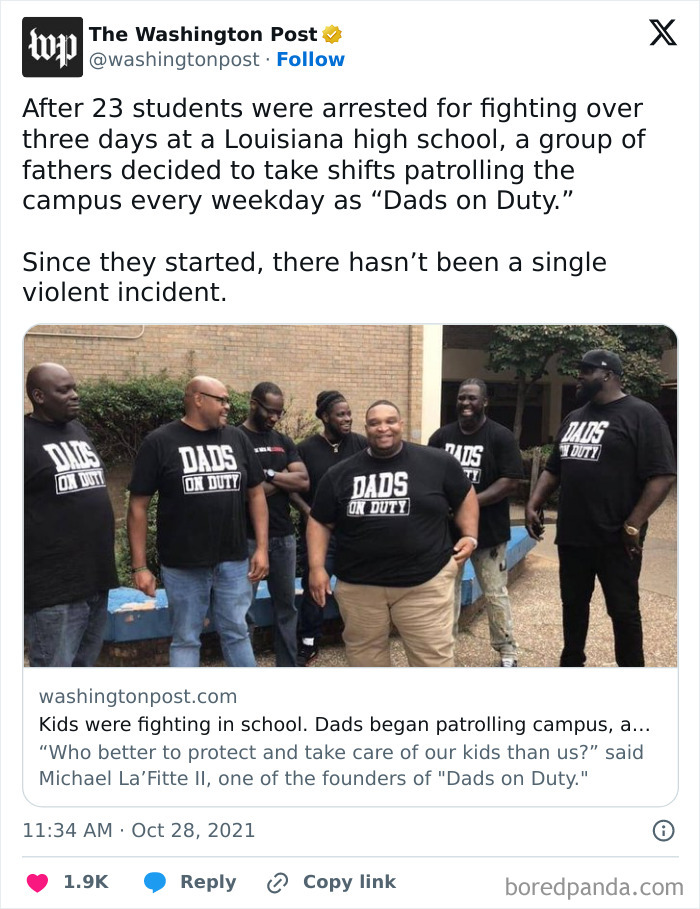 Fathers wearing Dads on Duty shirts patrol a school campus, showing commitment as amazing parents.