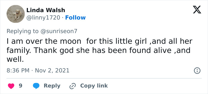 Tweet happy 4-year-old girl found alive after vanishing from campsite Tweet happy 4-year-old girl found alive after vanishing from campsite