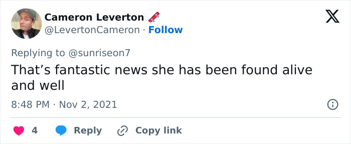 Tweet celebrating fantastic news of 4-year-old girl found alive and well Tweet celebrating fantastic news of 4-year-old girl found alive and well