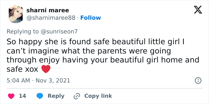 Tweet expressing happiness for 4-year-old girl found safe after vanishing from campsite Tweet expressing happiness for 4-year-old girl found safe after vanishing from campsite