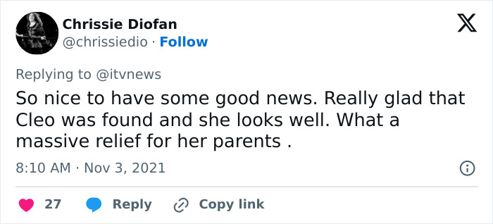 Tweet relieved 4-year-old girl found alive and well, bringing relief to parents Tweet relieved 4-year-old girl found alive and well, bringing relief to parents