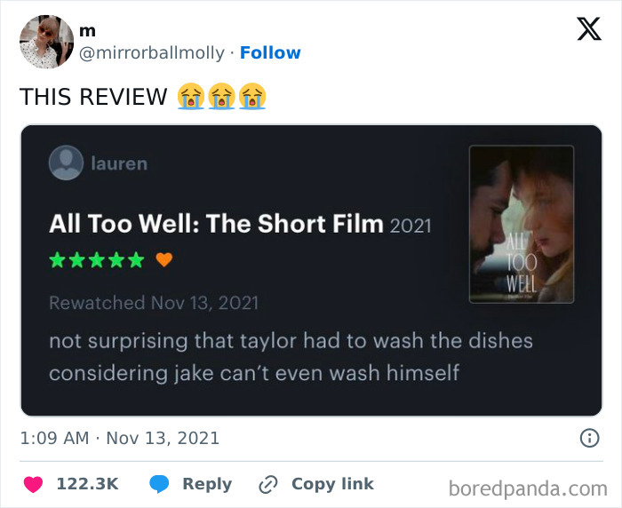 Funny online reviews: A humorous review for 'All Too Well: The Short Film 2021' about washing dishes.