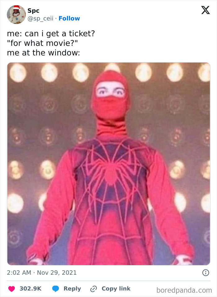 A funny cinephile tweet featuring a person in a homemade Spider-Man costume asking for a movie ticket.
