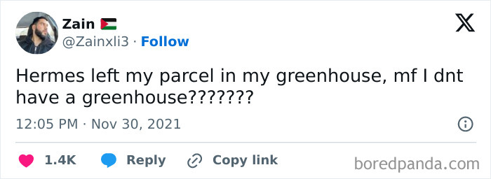A tweet about a Hermes delivery fail, where a parcel was left in a greenhouse the recipient does not own.