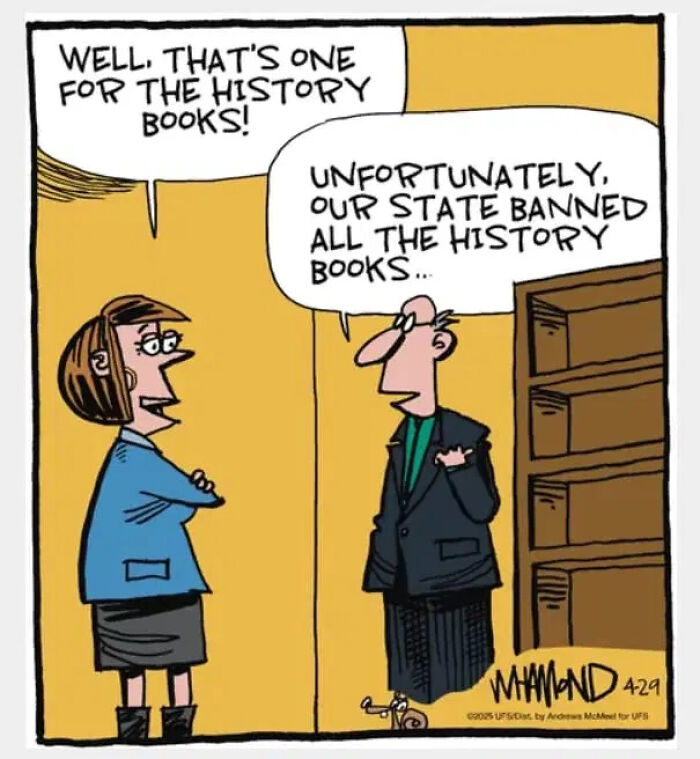 A Dave Whamond comic where a man tells a woman their state banned all history books, perfectly capturing human nature.