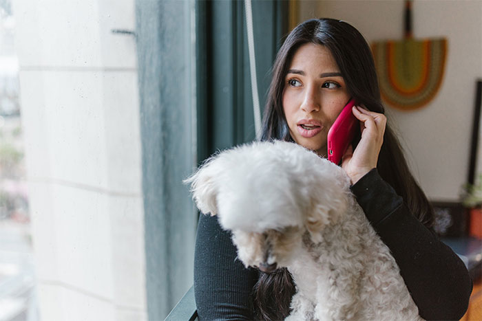A woman on the phone, holding a dog, looking upset after being told to leave home.