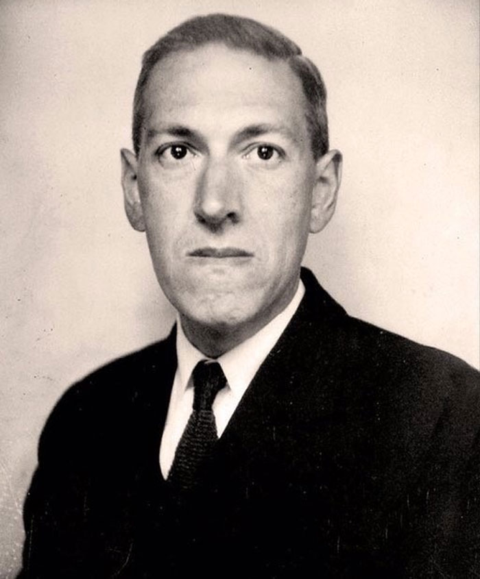 Black and white photo of H.P. Lovecraft, a romanticized historical figure