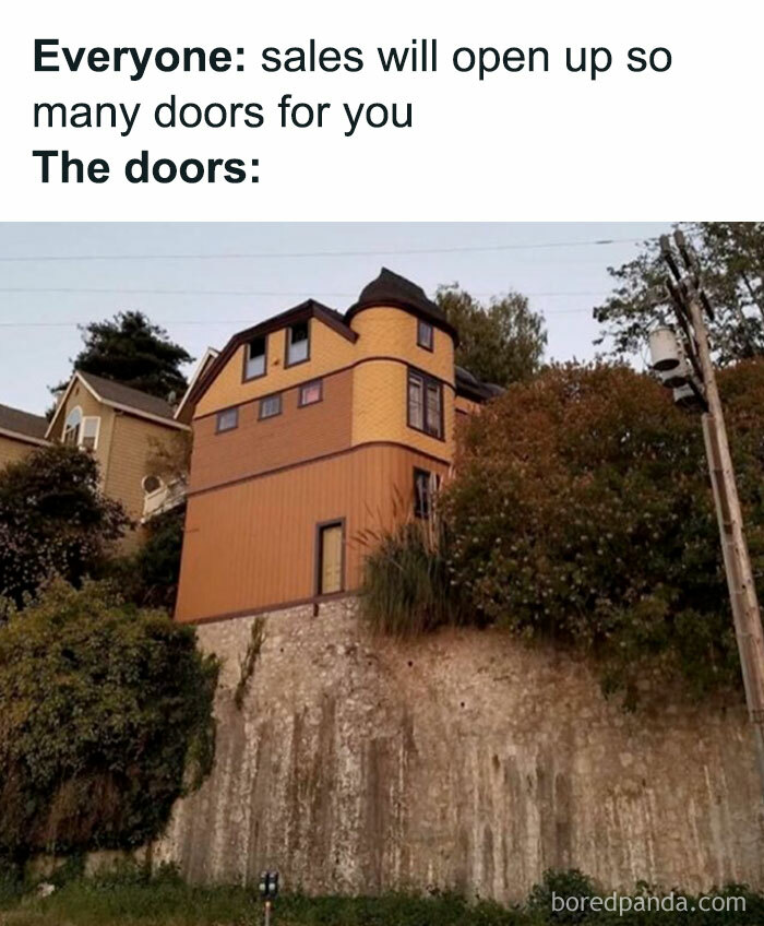 House perched precariously on a cliff illustrating challenges salespeople face with doors opening