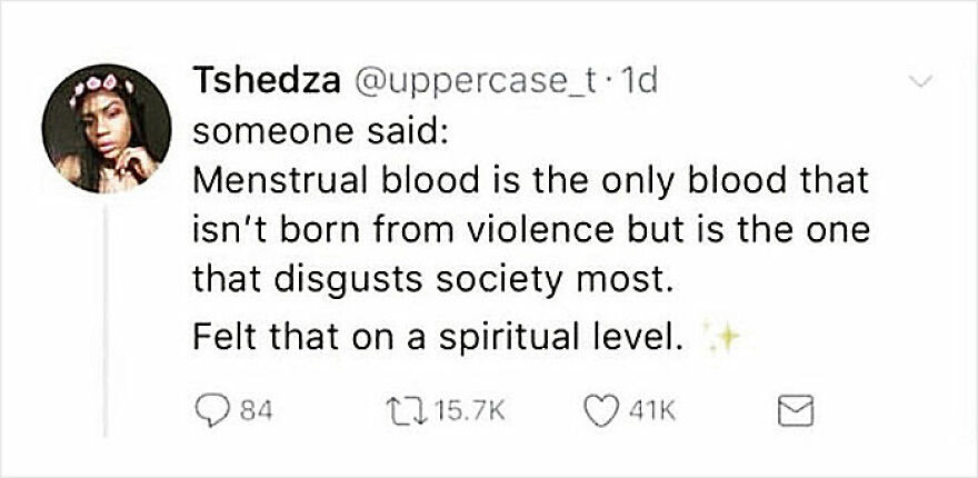 Feminist post discussing societal disgust towards menstrual blood versus violence-related blood