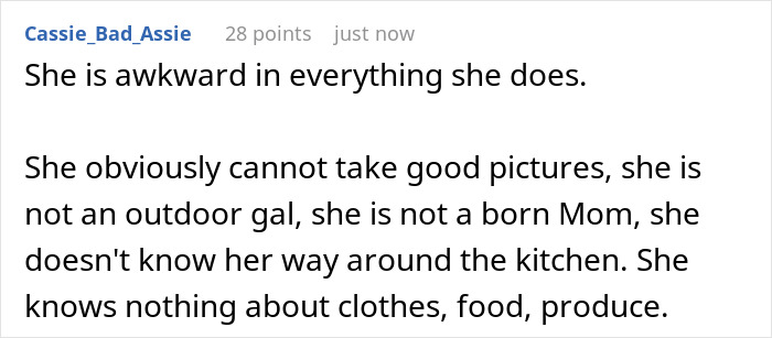 Comment criticizing Meghan Markle's awkwardness and lack of skills as a mom and in the kitchen