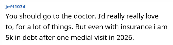 Middle-class people comment about medical debt after a single visit, highlighting financial struggles.