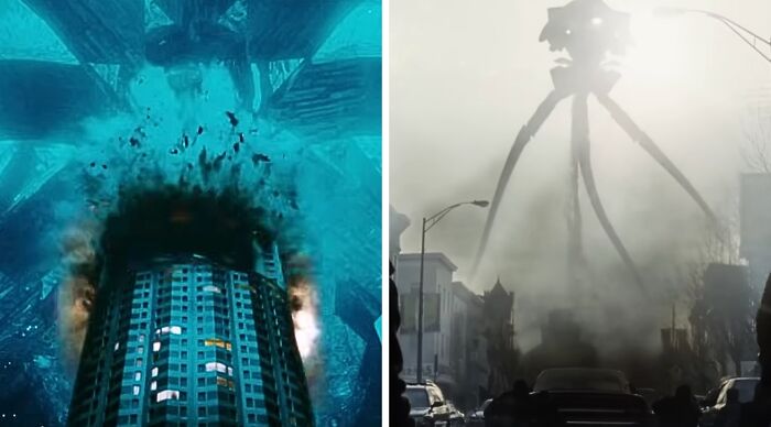 A split image for a popular fiction and movies would you rather poll. Left: A building attacked in The Day After Tomorrow. Right: A tripod alien from War of the Worlds.