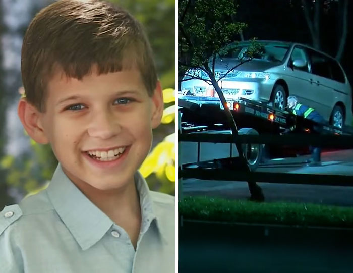 A split image of a young boy smiling and a silver minivan being towed at night, illustrating bizarre accidents.