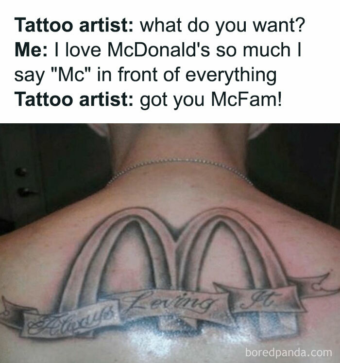 A hilarious tattoo meme and fail showing the golden arches of McDonalds tattooed on a persons upper back.