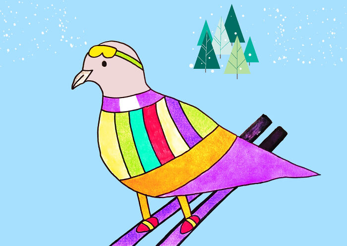 An adorable cartoon dove dressed as a skier with colorful stripes, standing on skis against a snowy mountain backdrop.