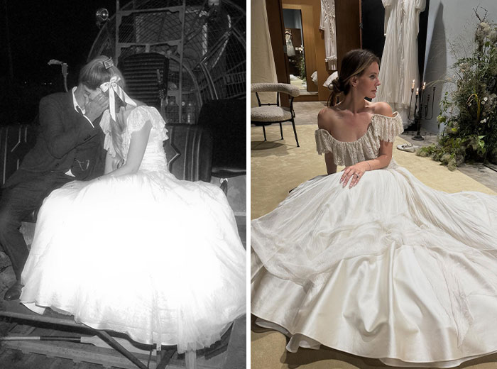 A black and white image on the left shows a groom kissing a bride in a wedding dress, while on the right, a bride in a white off-shoulder gown sits elegantly, both images showcasing stunning celebrity wedding dresses.