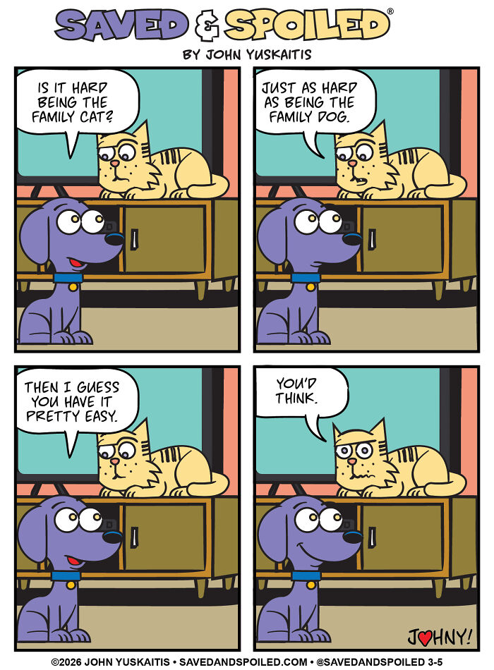 Dog and cat discuss family roles in dog and cat comics