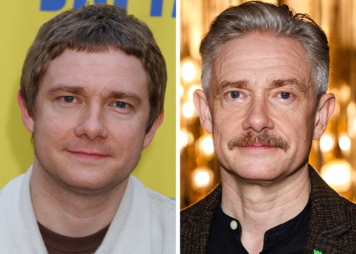 A split image showing actor Martin Freeman looking younger on the left and older with a mustache on the right, getting hunkier with age.