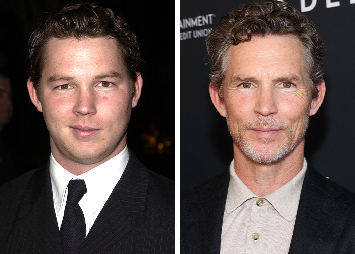 A split image showing actor Michael Raymond-James looking younger on the left and older with a beard on the right, getting hunkier with age.